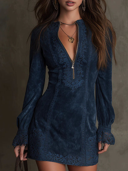 Abito Mini in Velluto Blu Vintage con Pizzo
