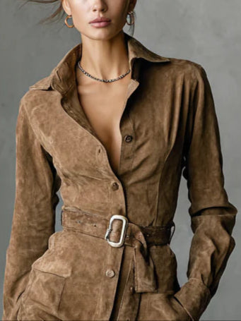 Abito Midi in Suede a Manica Lunga con Revers e Bottone Singolo (Include cintura)