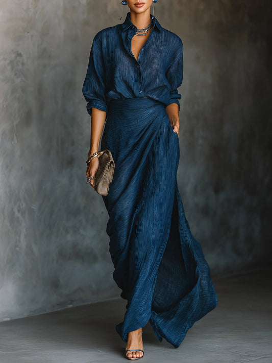Set Gonna Lunga Elegante in Cotone e Lino Blu Scuro