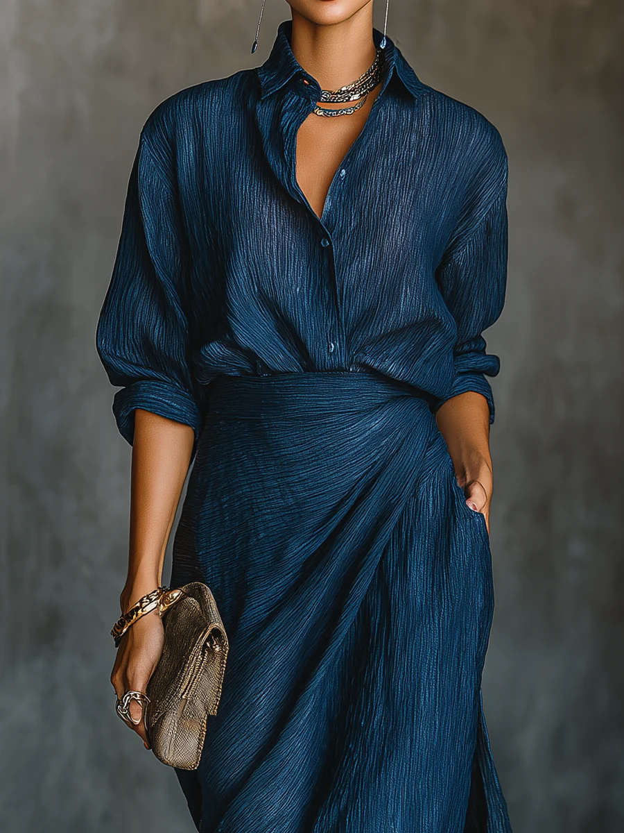 Set Gonna Lunga Elegante in Cotone e Lino Blu Scuro