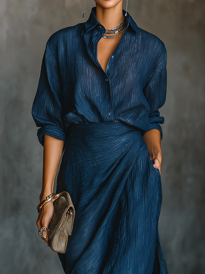 Set Gonna Lunga Elegante in Cotone e Lino Blu Scuro
