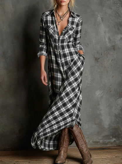 Abito lungo a camicia a quadri con revers e un bottone