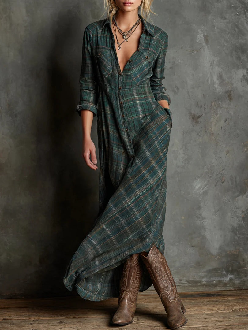 Abito lungo a camicia a quadri con revers e un bottone