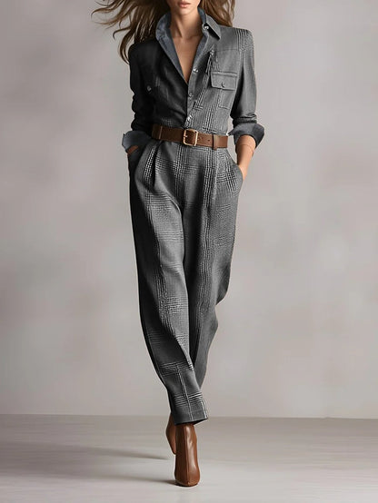 Tuta Utilitaria a Quadri in Tweed Marrone Sofisticato