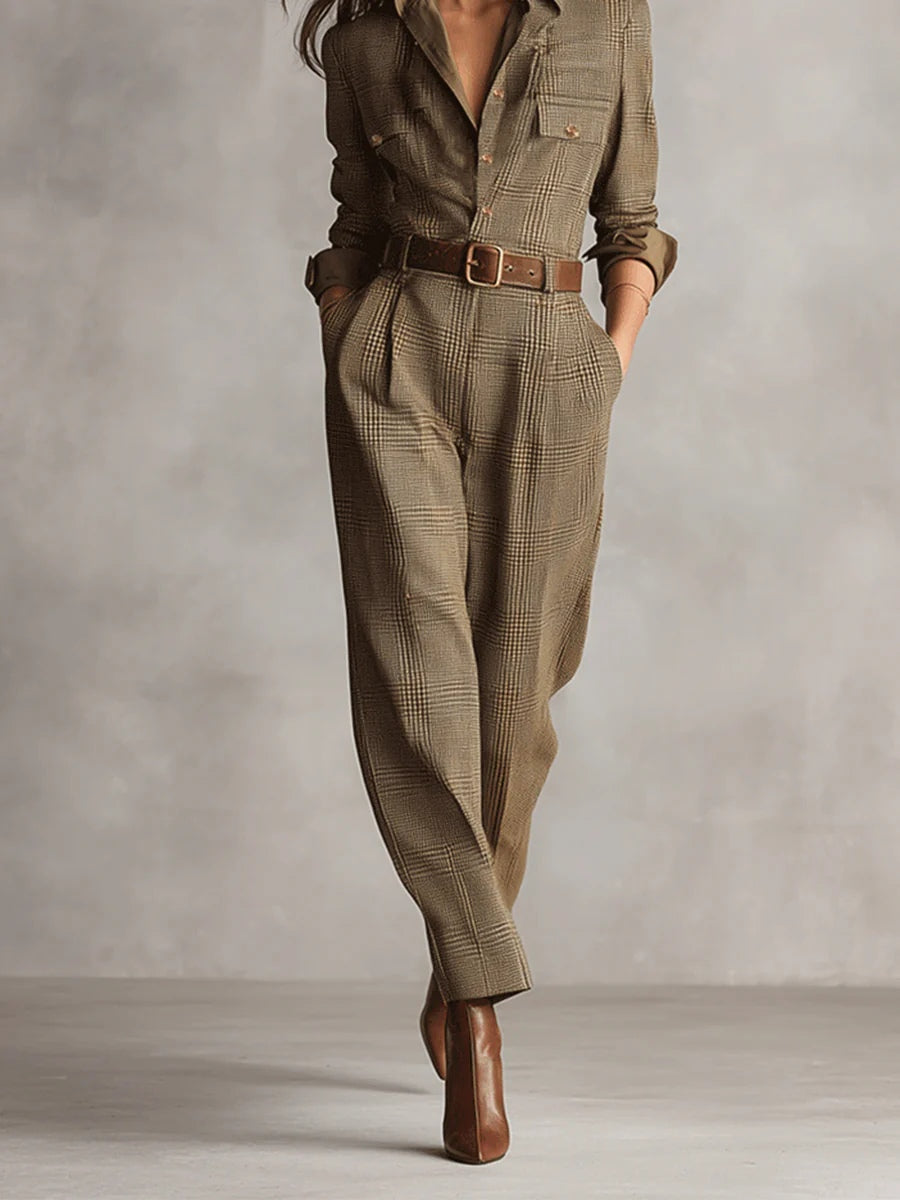 Tuta Utilitaria a Quadri in Tweed Marrone Sofisticato