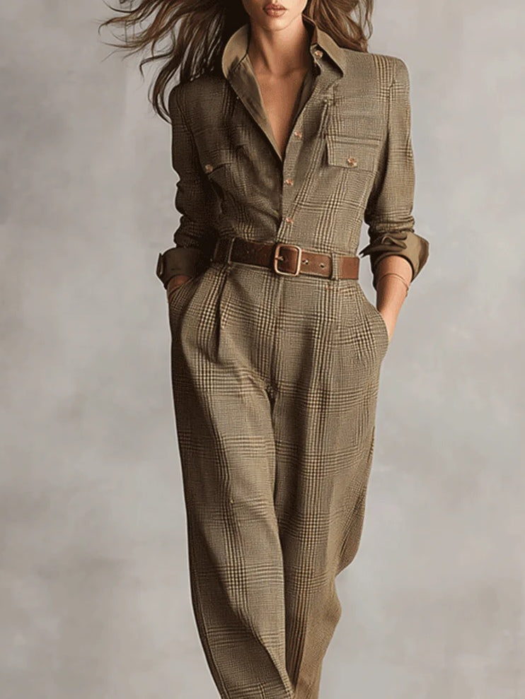 Tuta Utilitaria a Quadri in Tweed Marrone Sofisticato