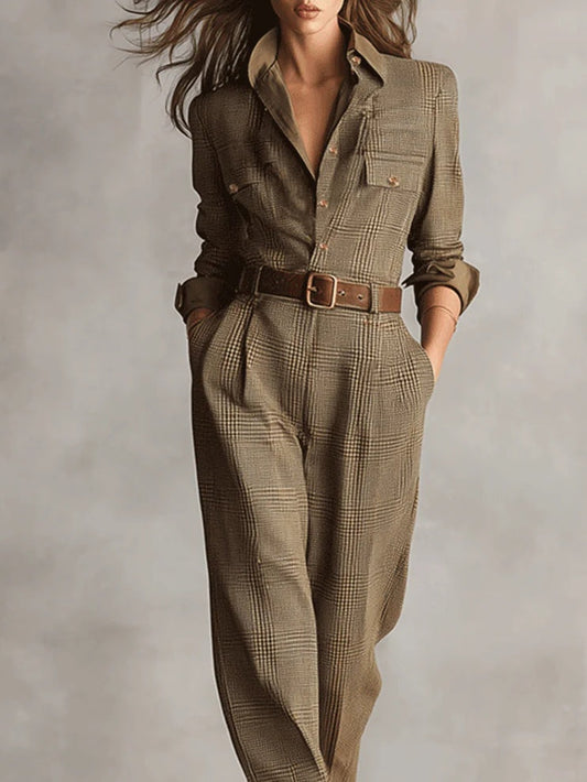 Tuta Utilitaria a Quadri in Tweed Marrone Sofisticato