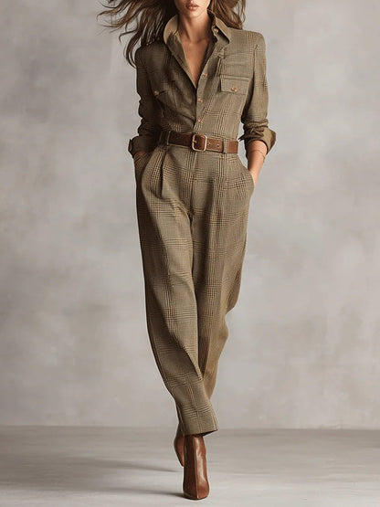 Tuta Utilitaria a Quadri in Tweed Marrone Sofisticato