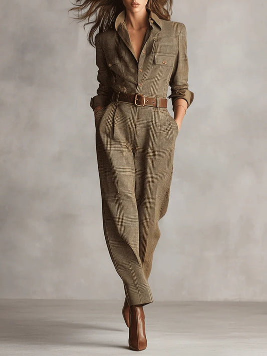 Tuta Utilitaria a Quadri in Tweed Marrone Sofisticato