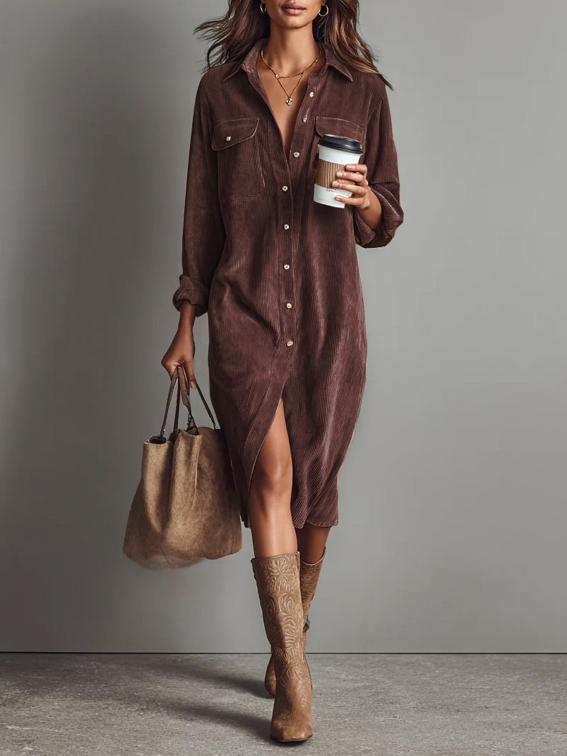 Abito Midi in Corduroy Morbido con Tasche Doppie sul Petto e Bottone Singolo