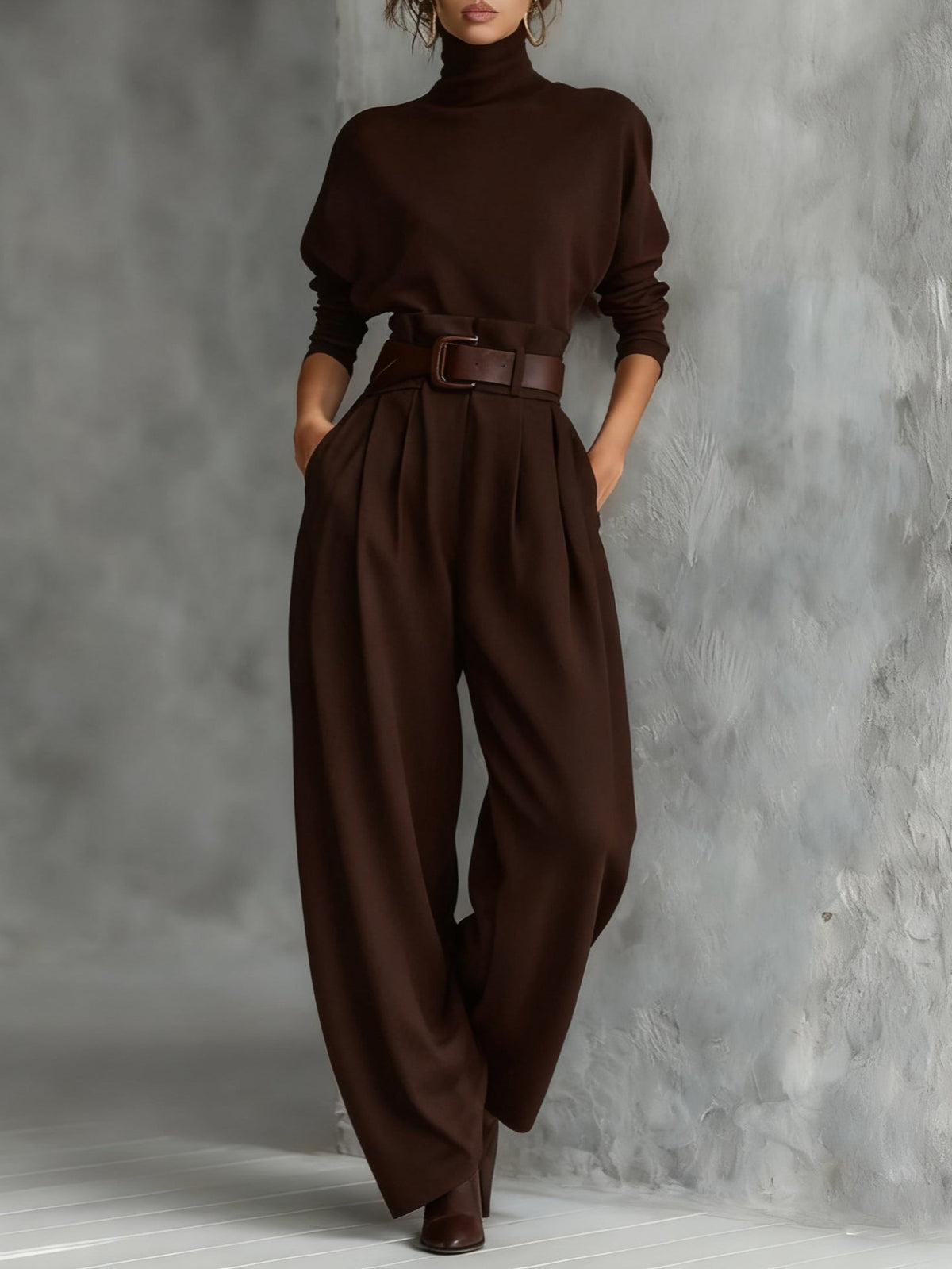 Set di due pezzi con T-shirt a maniche lunghe e colletto alto completamente nero e pantaloni a gamba dritta (inclusa cintura)