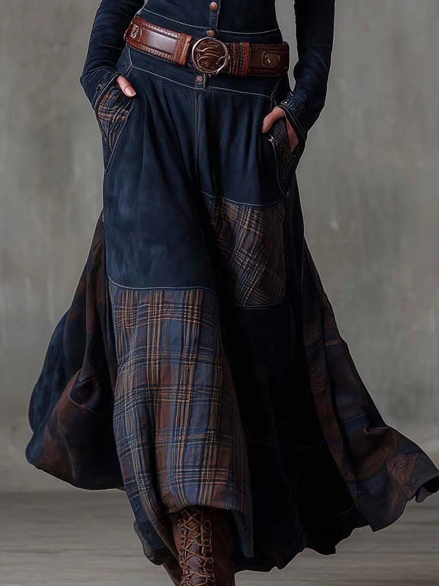Abito Maxi Vintage in Suede a Quadri Blu Navy (con cintura)