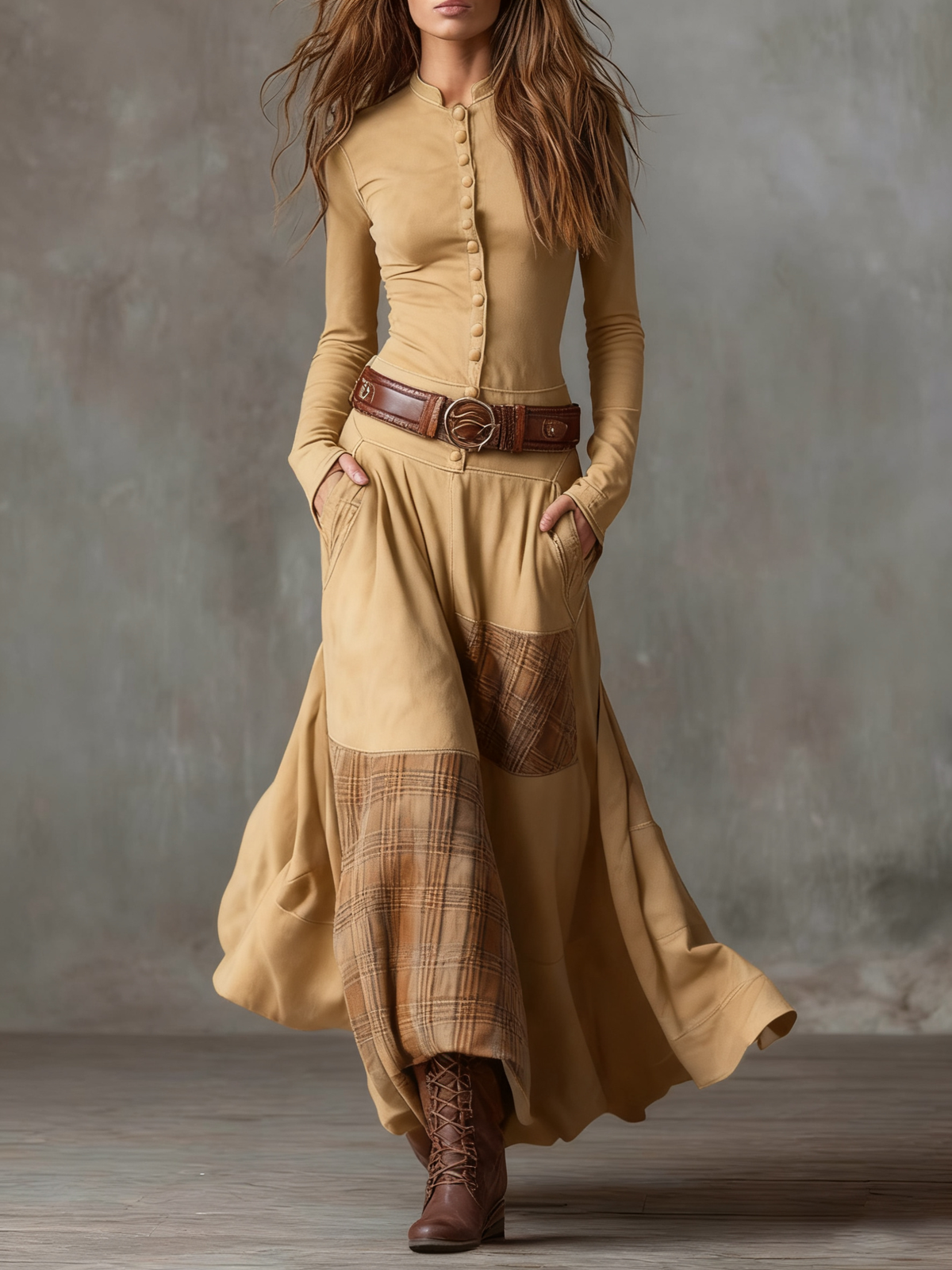 Abito Maxi Vintage in Suede a Quadri Blu Navy (con cintura)