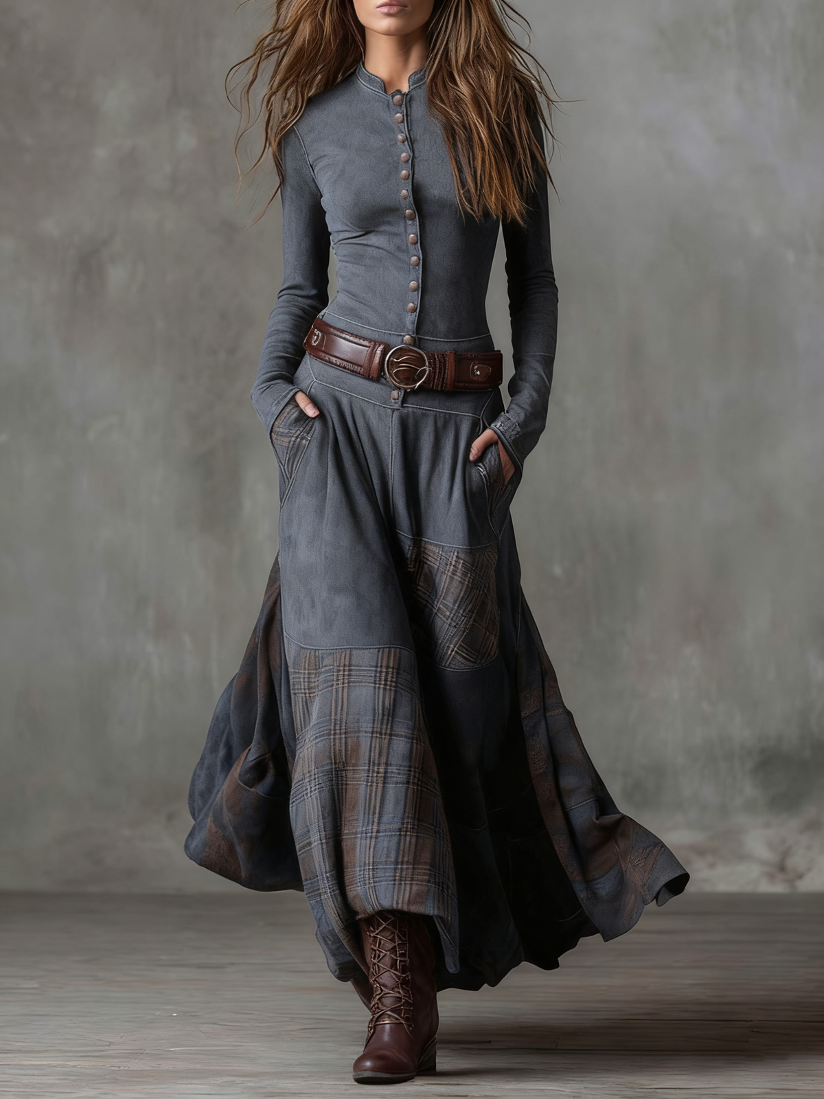 Abito Maxi Vintage in Suede a Quadri Blu Navy (con cintura)