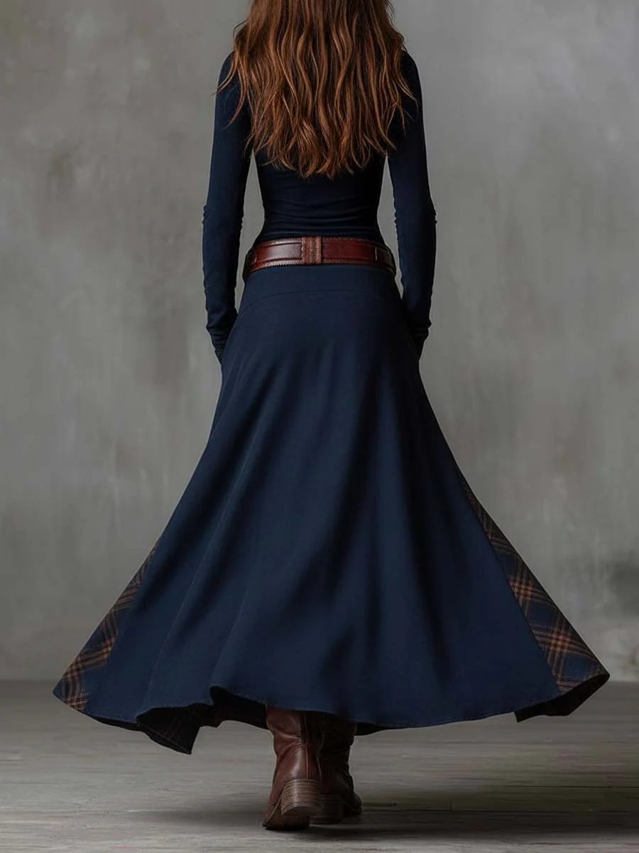 Abito Maxi Vintage in Suede a Quadri Blu Navy (con cintura)