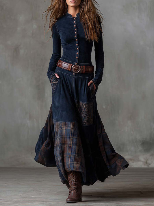 Abito Maxi Vintage in Suede a Quadri Blu Navy (con cintura)