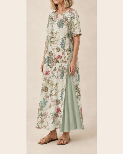 Maurene – Stampa Floreale Pastello | Vestito Lungo Effetto Lino Casual