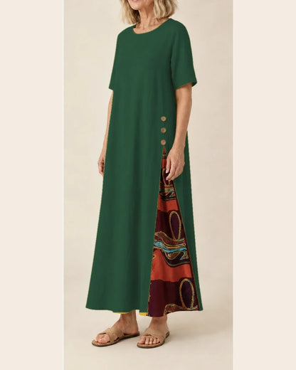 Maurene – Verde Scuro | Abito Lungo Casual in Effetto Lino