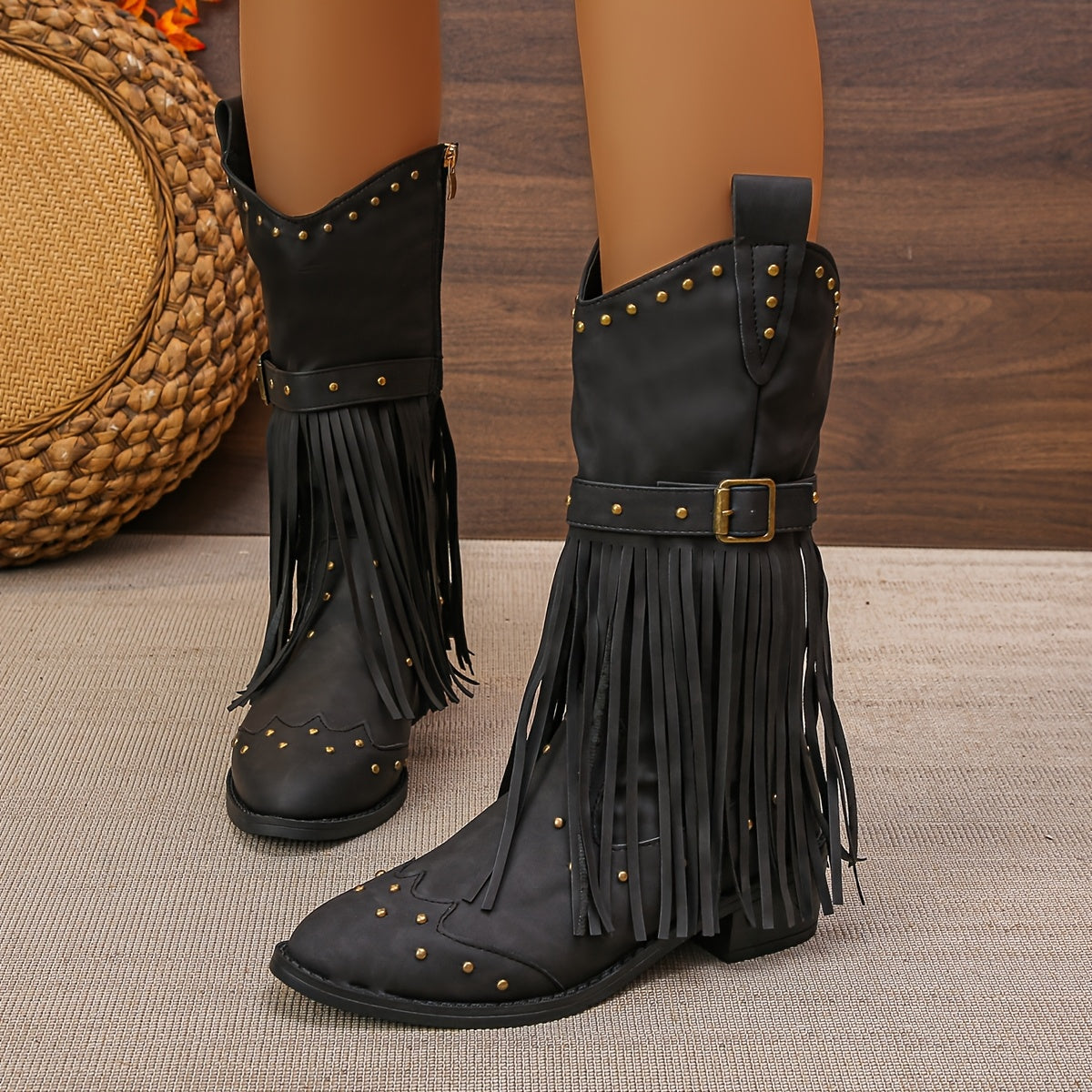 AURELIA | STIVALI RETRO WESTERN CON PUNTA A FASCIA E FRANGE