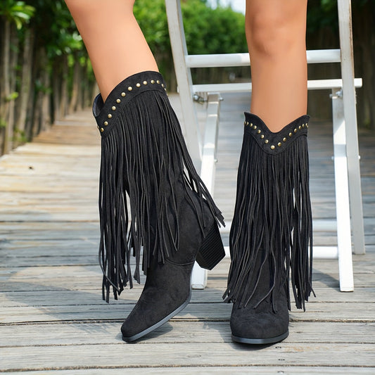 VESPA | STIVALI COWBOY WESTERN NERI CON FRANGE E STUDS