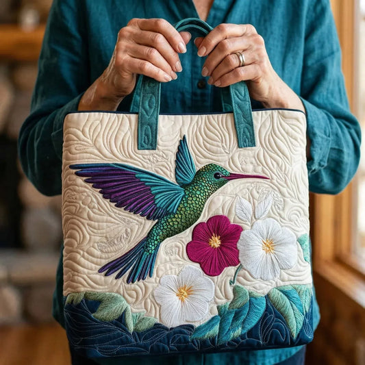 Borsa Trapuntata Colibrì e Fiore Bianco