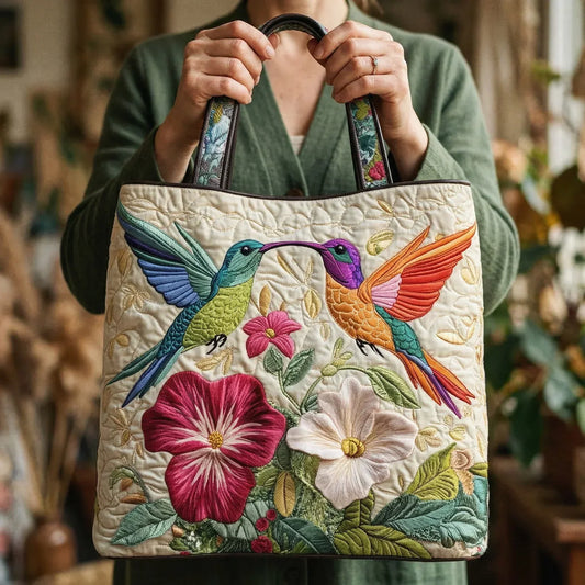 Borsa Trapuntata Colibrì e Fiori Bianchi