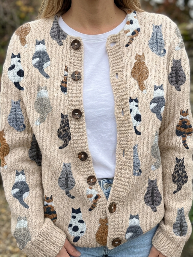 Charlotte | Cardigan in Maglia Morbida con Stampa di Gatti