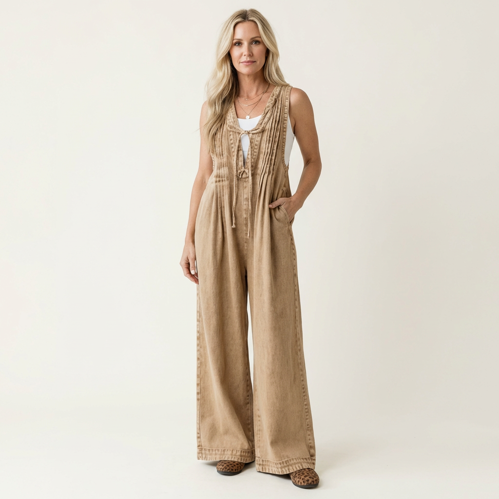 Griselda | Tuta in denim plissettata a gamba larga