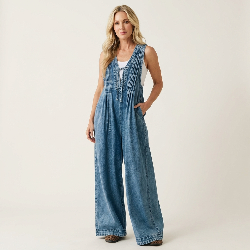 Griselda | Tuta in denim plissettata a gamba larga