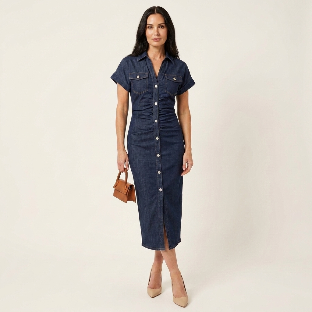 Maya | Abito Bodycon in Denim Midi con Bottoni Frontali