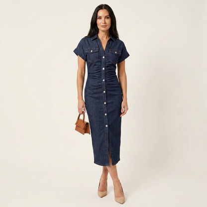 Maya | Abito Bodycon in Denim Midi con Bottoni Frontali