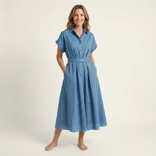 Melody | Vestito Midi in Denim con Bottoni e Cintura