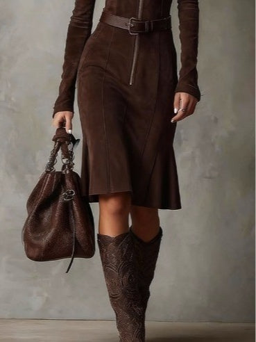 Abito Midi Vintage Marrone con Cerniera e Cintura (Include cintura)