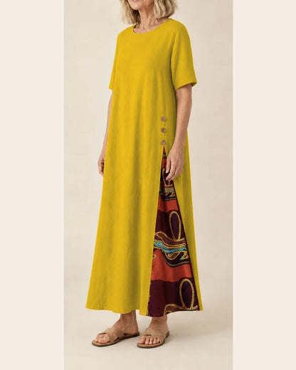 Maurene – Giallo Senape | Abito Lungo Casual con Effetto Lino