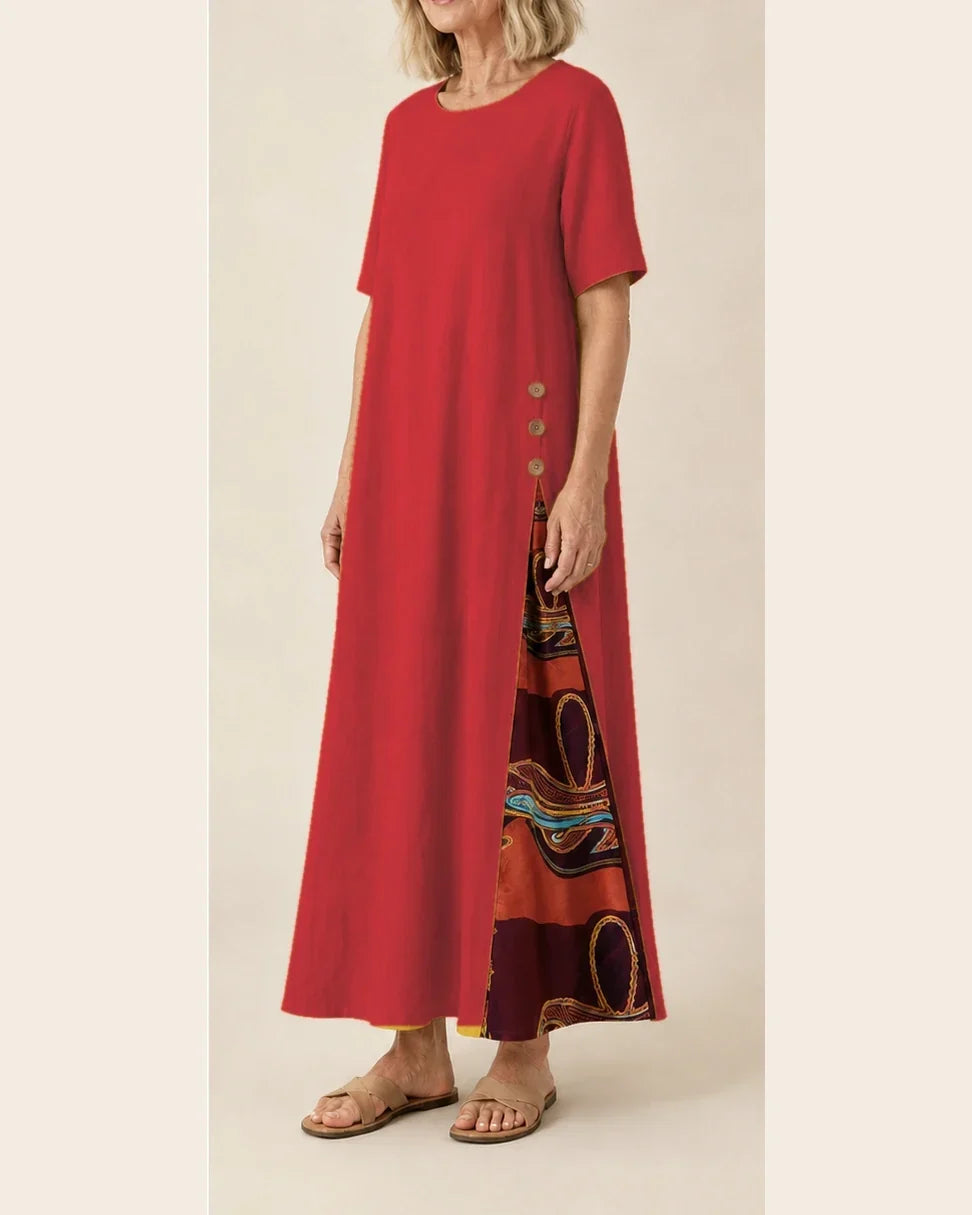 Maurene – Rosso | Vestito Lungo Casual con Effetto Lino